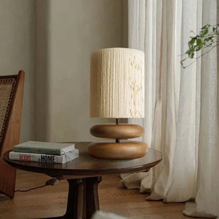 Japanese walnut lamp front — handcrafted fabric shade design