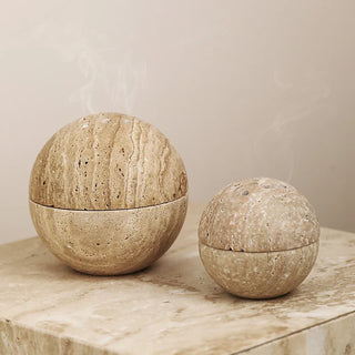 travertine marble sphere handcrafted incense burner elegant beige stone diffuser detail