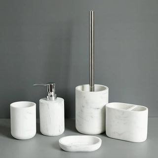 white marble resin bathroom accessories set soap dispenser side view