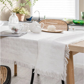 white lace tablecloth knitted cotton eco polyester cross plaid design close-up