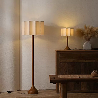 Wabi-Sabi Floor Lamp – Wooden Bamboo LED Light With Fabric Shade