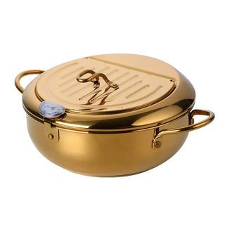 thermometer fryer pot gold stainless steel 3.2 liter eco-friendly cooking vessel front view
