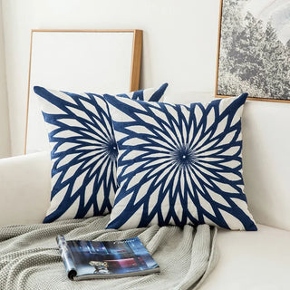 navy cushion cover embroidered floral cotton square pillow case 45x45 cm front view