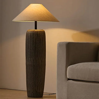 Japanese Ceramic Floor Lamp – Sculpted Base With Beige Fabric Lampshade & Touch Switch