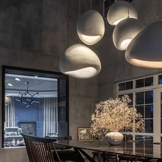 Designer Pendant Lamp – Nordic White Resin Dome with Soft Ambient Lighting