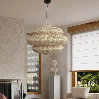 Woven Rattan Pendant Light – Handwoven Shade Dining Room Lamp with Adjustable Cable