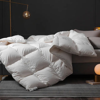 goose down duvet luxury quilted cotton hypoallergenic warm winter bedding close-up