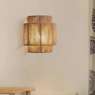 Bohemian Wall Lamp – Woven Rattan Natural Wall Sconce with Soft Light Diffuser
