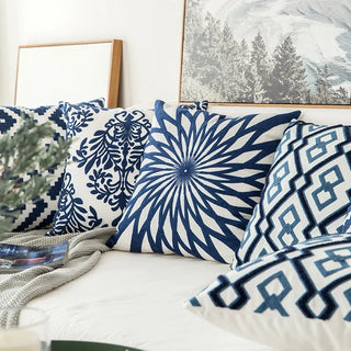 navy cushion cover embroidered floral cotton square pillow case 45x45 cm close-up