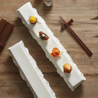 ceramic sushi plate earthworks handcrafted porcelain dining ware elegant rectangular tray close-up