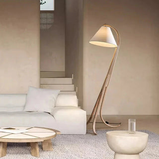 Walnut wood standing lamp side – dimmable cotton linen shade