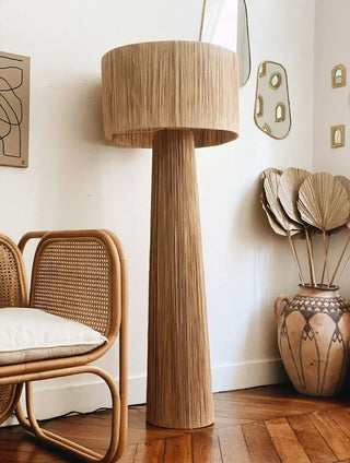 Woven Wicker Floor Lamp – Japanese Style LED Light With Natural Fabric Shade