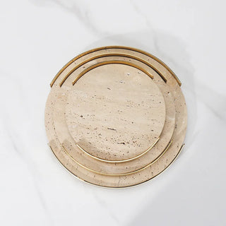 luxury travertine round gold stone tray handcrafted bathroom detail