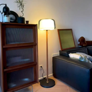 Glass Floor Lamp – Modern Floor Lamp with Wooden Base | Adjustable Brightness