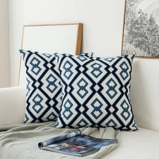 navy cushion cover embroidered floral cotton square pillow case stylish decor front view