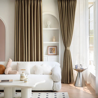 soundproof blackout curtain brown knitted polyester ceiling to floor drapes close-up