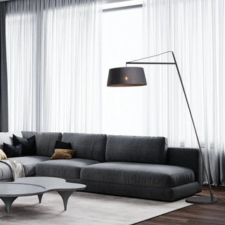 Slanting floor lamp – black metal fabric shade side view