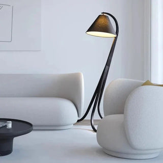 GEORGINA walnut wood standing lamp front – cotton linen shade
