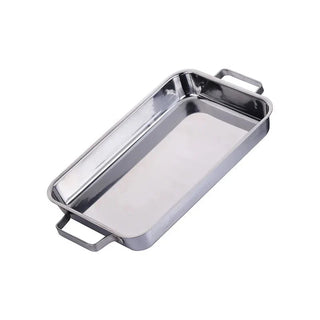 flat bottom grill tray stainless steel deep dish oven safe silver pan front view