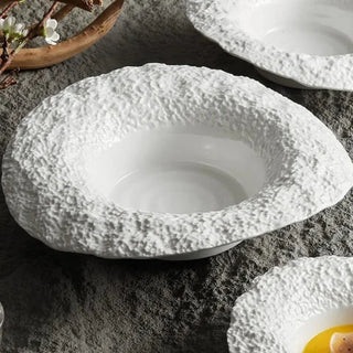 ceramic deep plate earthworks handcrafted marina rock texture porcelain dinnerware detail