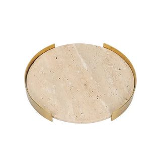 luxury travertine round gold stone tray handcrafted bathroom close-up