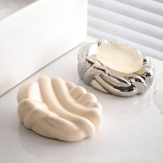 ceramic woven beige silver soap dish tray handcrafted bathroom accessory side view