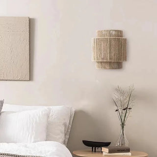 Bohemian Wall Lamp – Woven Rattan Natural Wall Sconce with Soft Light Diffuser