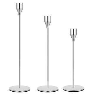 silver candlestick holders tall stainless steel set of 3 modern home decor front view