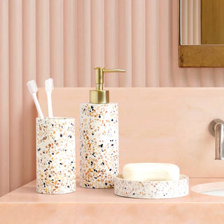 elegant resin soap dispenser storage set white pink bathroom angle view