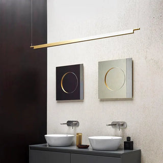 Modern linear pendant close-up — brushed aluminium designer ceiling fixture