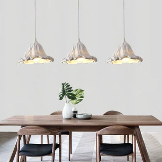 Resin lotus pendant light detail — translucent handmade ceiling fixture