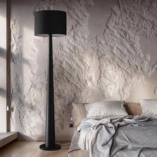 Black walnut LED floor lamp front – elegant cotton linen shade