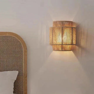 Bohemian Wall Lamp – Woven Rattan Natural Wall Sconce with Soft Light Diffuser
