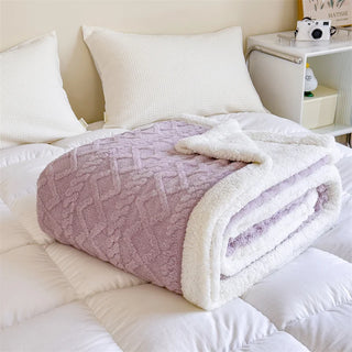 soft throw blanket double layer cozy hand knitted purple polyester front view