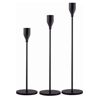 black candlestick holders tall taper candle holder set stainless steel trio front view