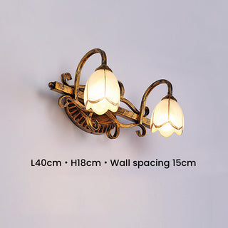 Flower shape vintage gold bathroom wall sconce detail — vanity