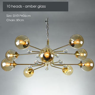 Gold contemporary LED chandelier setting — modern glass wide