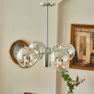Modern silver ball chandelier side — glass metal frame warm glow