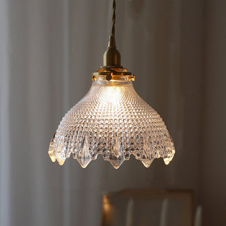Vintage brass pendant close-up — mid-century glass adjustable lamp