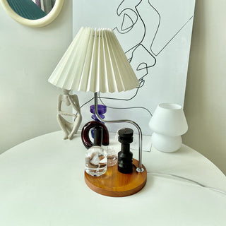 Retro wood lamp setting — vintage fabric shade wide view