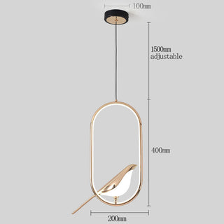Designer pendant with golden bird motif and warm LED glow