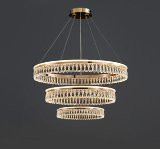 Crystal ring chandelier close-up — large luxury modern pendant detail