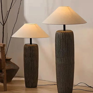 Japanese Ceramic Floor Lamp – Sculpted Base With Beige Fabric Lampshade & Touch Switch