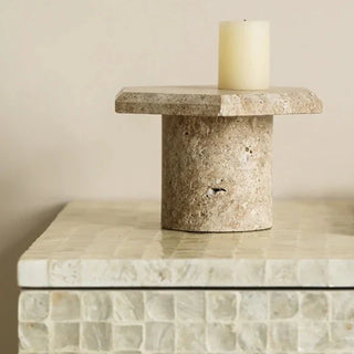 travertine stone tray earthworks luxury raised hexagon handcrafted artisan decor close-up