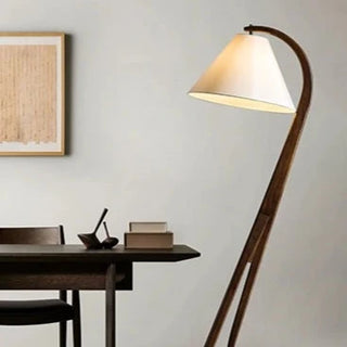 Walnut wood floor lamp – linen shade Scandinavian room view