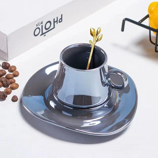 luxury coffee cup handcrafted ceramic mug 180ml comfortable grip deep blue side view