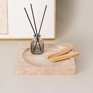 travertine stone tray earthworks handcrafted crete artisan stone serving plate close-up