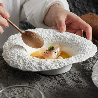 ceramic deep plate earthworks handcrafted marina rock texture porcelain dinnerware close-up
