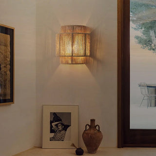 Bohemian Wall Lamp – Woven Rattan Natural Wall Sconce with Soft Light Diffuser