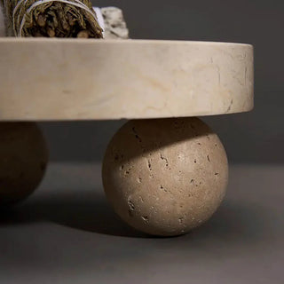 travertine stone tray earthworks italia luxury sphere ball stand handcrafted decor close-up